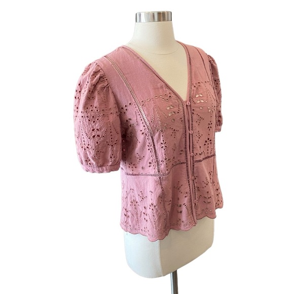 Eyelet Puff Sleeve Blouse Boho Feminine Liv Los Angeles Blush Mauve Pink - Picture 6 of 9